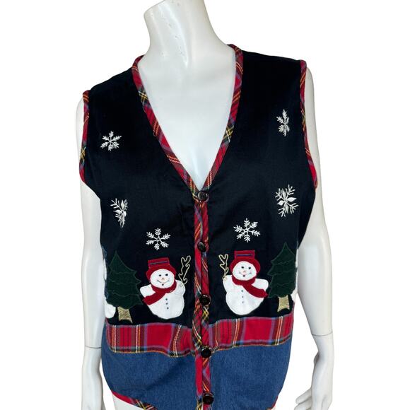 Basic Editions Holiday Vintage Button Front Snowman Vest Large V-Neck  Winter - Picture 7 of 11